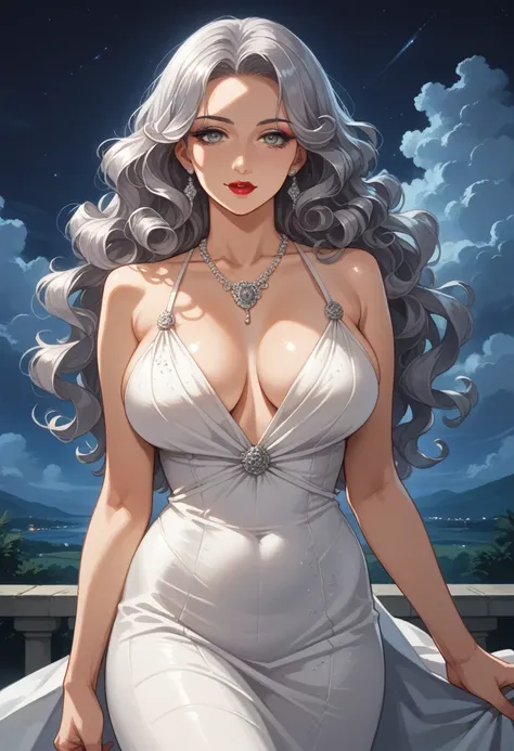 Anime, High-resolution illustrations, unrivaled masterpiece, ultra-realistic 8k CG, perfect artwork, (fidelity: 1.5), ((night)), cloudy, Very beautiful woman, ((mature woman)), pale skin, silver eyes, a gorgeous woman, breathtaking beauty, perfect skin, lo...