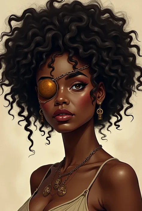 Chocolate skinned woman with curly hair and brown eye patch staring at me while representing the astrological signs 