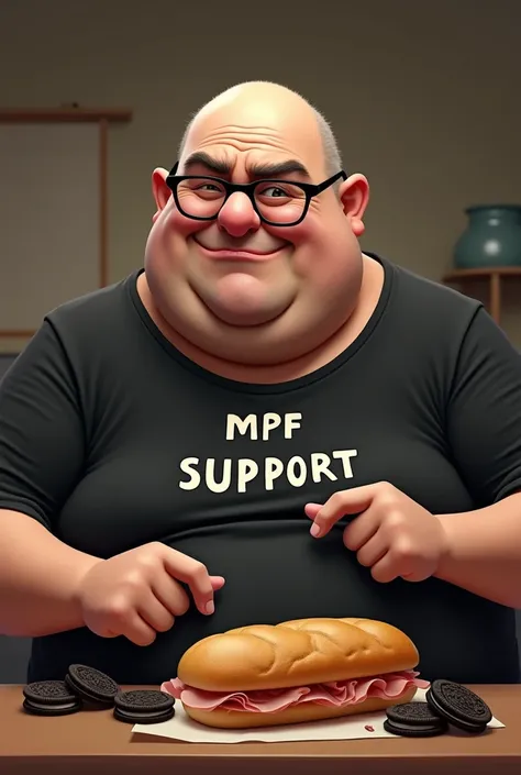 white male, baldie, fatter, cheeky, wrinkled face, Large belly, with glasses, eating baguette bread with ham with several Oreo cookies on a table, wearing a black shirt with the exact word written on it "MPF SUPPORT" written in Portuguese.