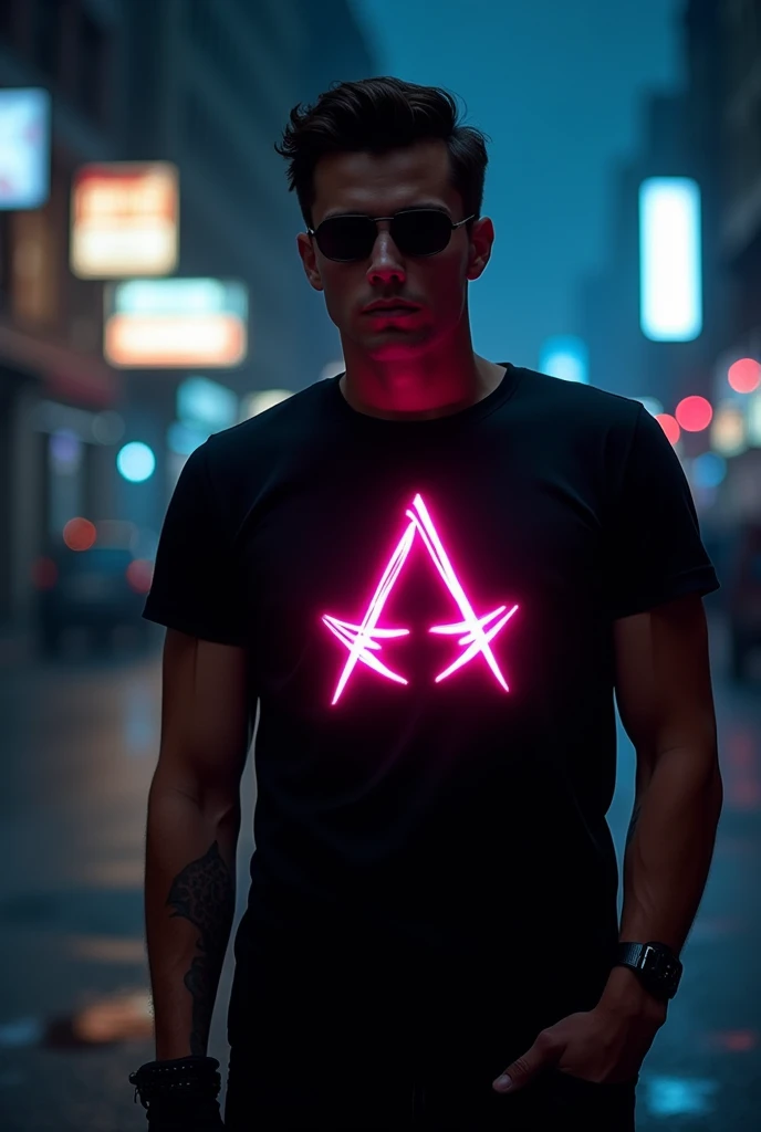 A cool Black t-shirt, neon assassin printed on it