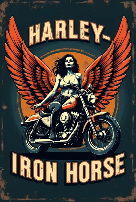 Logo de moto club da harley-davidson com motor  com asas tipo old school com o nome iron horse com mulher