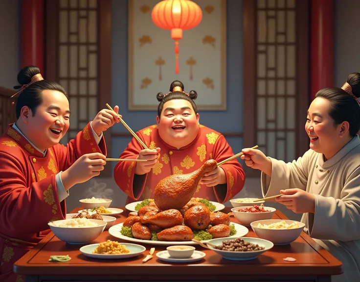 Realistic style，rich，Fat Chinese people，Holding a big chicken drumstick，Eating heartily at the table，Real People