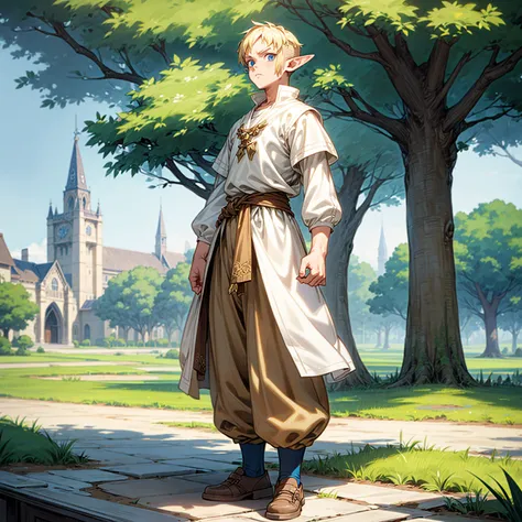 Solo character, full body version, kid boy, big muscle, (elf), blue eyes, blonde color hair, undercut hair, casual clothing, white color clothing, brown long pants, shoes, outdoor, park, village, medieval, standing gesture, detailed background, detailed cl...