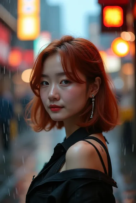 50 years old, gorgeous cute  korea girl, smirk, freckles, polaroid photo,smile, (dark skin:1.3), (medium red hair:1.6), Araffe woman wearing coat and hat standing on a rainy road, Standing at street, Standing in the rain, Standing at street, Standing on th...