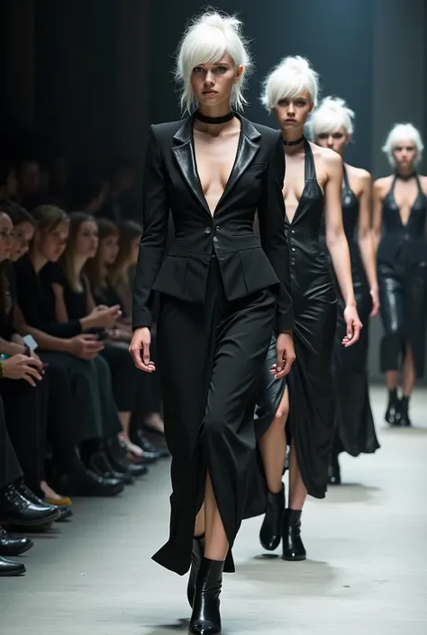 Imagine an avant-garde runway show featuring models wearing dresses made entirely of formal black and ivery color suit, showcasing the creativity and innovation in fashion design. The batic print
outfits could be adorned with intricate patterns or textures...