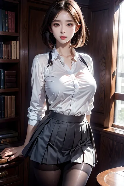 photorealistic, high resolution, 1women, 独奏, hips up, look at viewer, (detailed face), Short Bob
, school uniform, mini skirt、(Pleated skirt),Perfectly symmetrical eyes、Fuller lips、(Ultra-realistic pantyhose)、Ample breasts、Narrow waist、Thigh