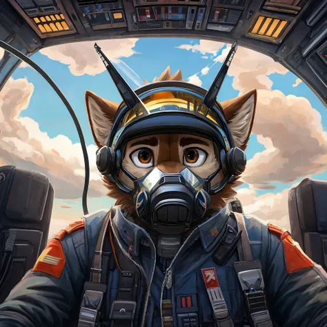 Fighter jet cockpit, front view, furry, art, canine, brown fur, fluffy, fighter pilot helmet, black semitransparent visor on, fighter pilot oxygen mask on, clouds, another fighter jet chasing him behind, front view fighter jet cockpit, seat