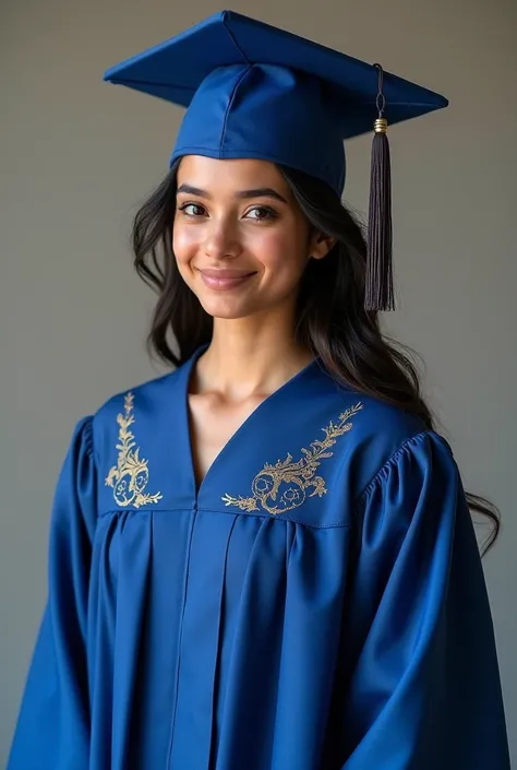 Plestia alaqad have 20 years old Wearing blue graduation clothes 