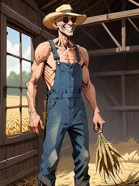 Farmer - over sized denim overalls, straw hat, skinny body, skin and bones, old man, bald head, tiny spectacles, chewing on a wheat stalk in mouth, smiling, dirty clothes, thorns, greases and dust, small nose, standing in a old barn, is hung like a horse,