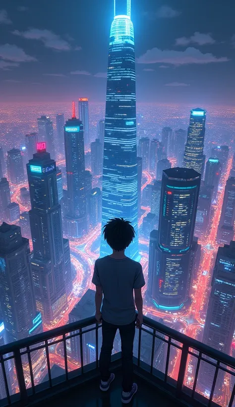 anime cyberpunk theme teenage boy looking at the city from a balcony overlooking a city(wide angle view)( on the tallest among all skyscrapers building )(glowing effect), makoto shinkai cyril rolando, makoto shinkai. —h 2160, style of makoto shinkai, in st...