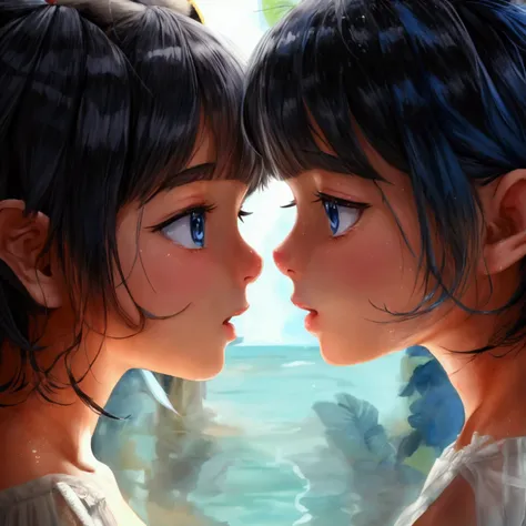 A and B look young、under teen、Both of them are completely naked with no clothes on.。 
The background is a tropical beach with palm trees.、The two are having lesbian sex on the beach, touching and fondling each other&#39;s bodies.。 
A’s appearance、Raccoon e...