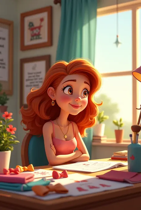 create a pixar style image of an entrepreneur dreaming about her bow design business
