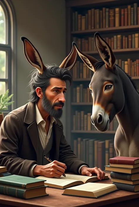 genius philosopher arguing with donkey, bundle of books around