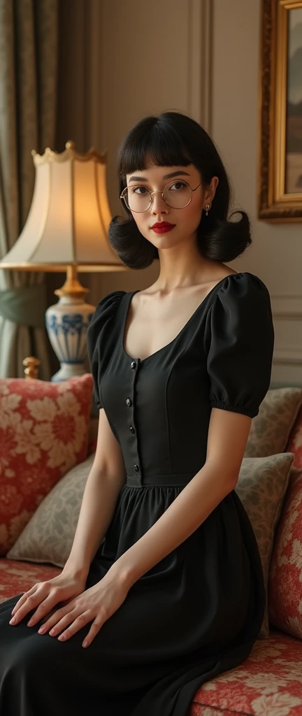 
1940s colour traditional sophisticated graceful stunning alluring model trophy wife female with formal dress , bangs hairstyle with formal posture very exquisite quaint elegant with glasses in her 1940s house