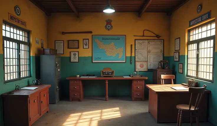 Design an authentic rural Indian police station in a Maharashtrian village. Incorporate weathered wooden desks, metal filing cabinets, and the **Satyamev Jayate emblem** prominently displayed. Include maps of India and Maharashtra, a nameplate for Inspecto...