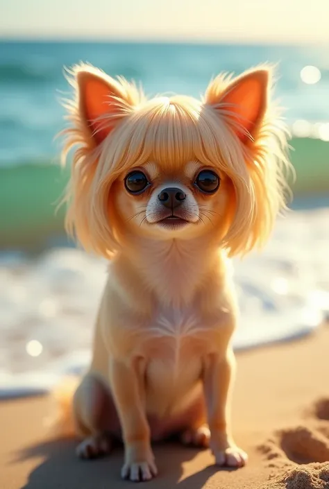 a chihuahua dog wearing a blonde wig, looking at the sea, detailed fur texture, adorable expression, golden hour lighting, serene ocean waves, sandy beach, vibrant colors, photorealistic, 8k, high quality, masterpiece