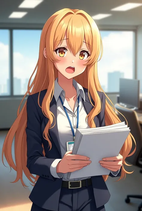 20-year-old anime schoolgirl style woman inside a company office wearing an office uniform and a badge hanging around her neck with her photo and data and holding a bunch of notes in her hands with an embarrassed face and with her long, flashy blonde hair.