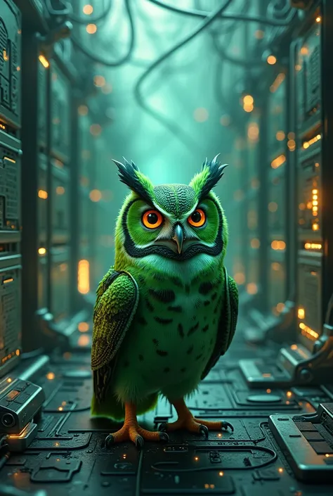 Create an image of a technological world, with interwiring, and multiple web servers, In it there is a green owl with a translation device 