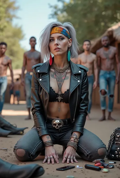 russian milf woman, grey hair (pouf, and top bun and shaved sides) and wide colourful bandana as headband, with very light blue eyes, extremely pale. Wearing cropped black moto jacket with lots of zippers and pins, black push up bra with white seams , dark...