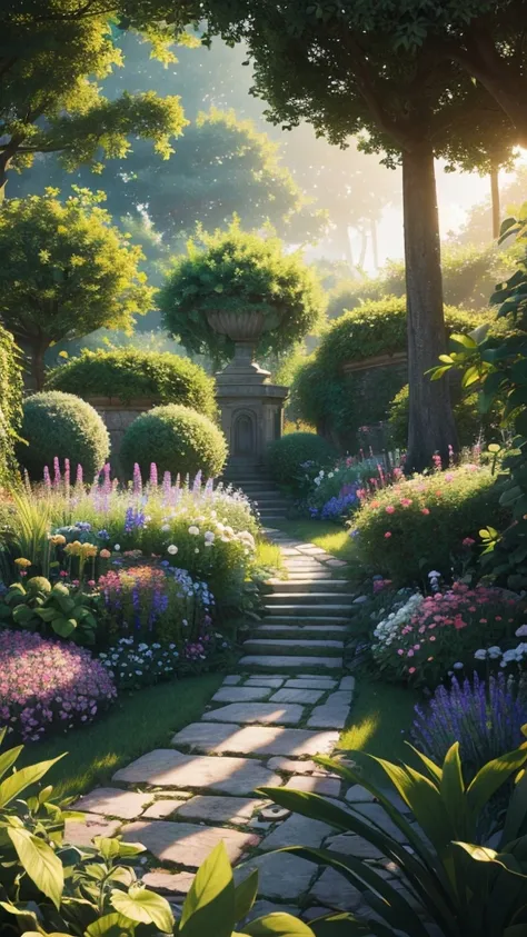 (extremely detailed CG unity 8k wallpaper, masterpiece, best quality, ultra-detailed), (best illumination, best shadow, an extremely delicate and beautiful), flower garden, lush greenery, sunlight streaming through, depth of field, warm and inviting ambian...