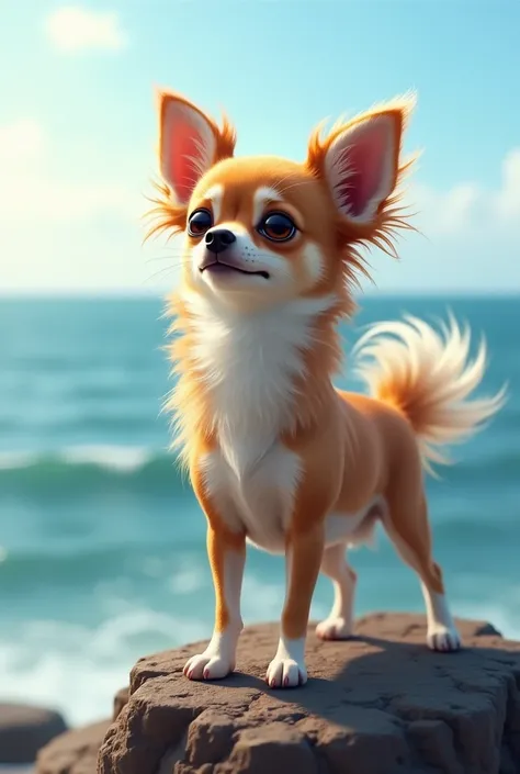 A chihuahua dog with his mane in the wind, looking towards the sea