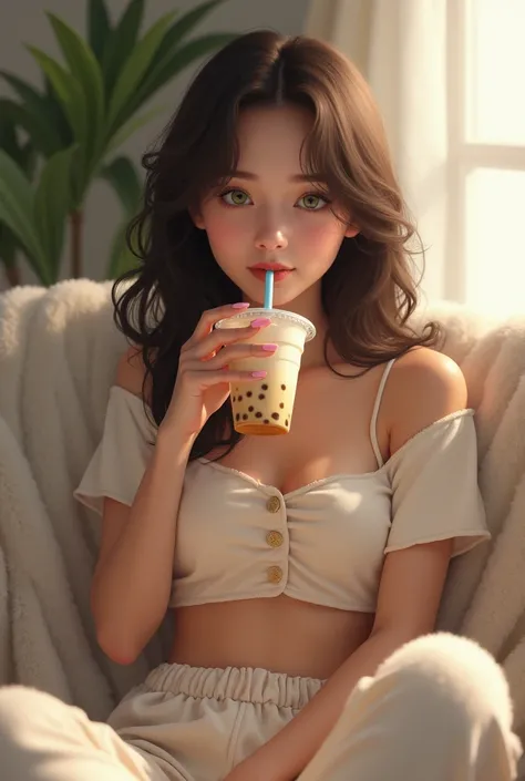 A beautiful light brown skin girl in her early 20s with green eyes with brownish black hair with a casual face sitting on her fluffy couch in her fluffy crop top In her pajama pants in a relaxed pose facing her audience while drinking boba tea 