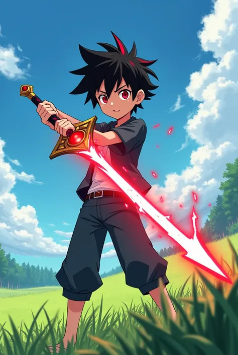 Make an anime style image, of a boy with black hair with red tips holding a sword with a red stone in the middle, and a reddish aura will be emanating from the sword blade, the boy will have red eyes, and in the background you will have a scene of an open ...