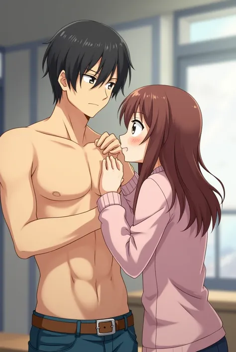 A naked man in a Japanese anime character is rubbing his chest and a woman is sniffing~ Make a sound.