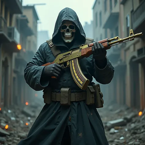 a highly detailed photo of Ghost from Call of Duty, wearing a skull mask, holding a gold AK117 assault rifle, standing in a destroyed city with bullet holes in the background, the words "iKillAce" written in the background, surrounded by an aura of power, ...