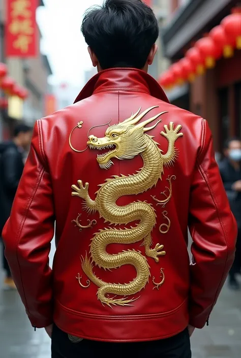 A red leather jacket and it has a picture of Chinese golden dragon 