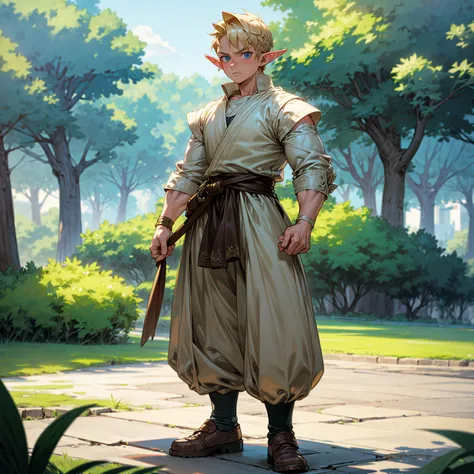 Solo character, full body version, kid boy, big muscle, (elf), blue eyes, blonde color hair, undercut hair, casual clothing, white color clothing, brown long pants, shoes, outdoor, park, village, medieval, standing gesture, detailed background, detailed cl...