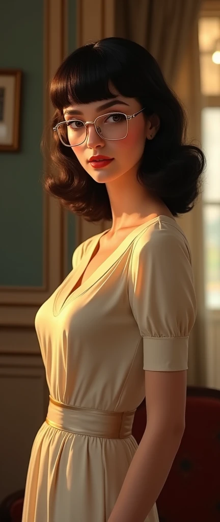 
vintage glaring bloom 1940s colour traditional sophisticated graceful stunning alluring model trophy wife female with formal dress , bangs hairstyle with formal posture very exquisite quaint elegant with glasses in her 1940s house