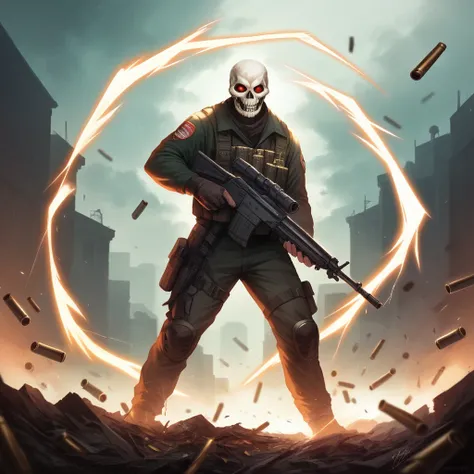 a highly detailed photo of Ghost from Call of Duty, wearing a skull mask, holding a gold AK117 assault rifle, standing in a destroyed city with bullet holes in the background, the words "iKillAce" written in the background, surrounded by an aura of power, ...