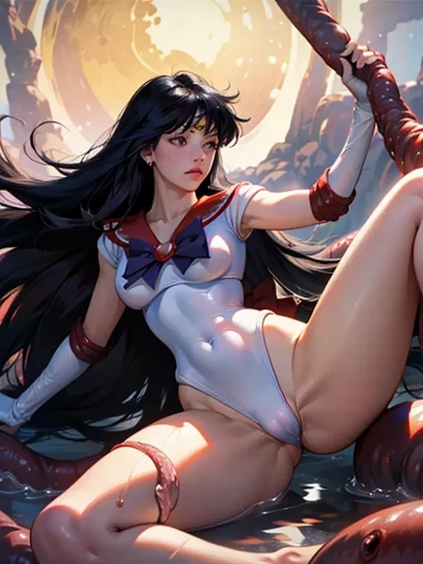 Photorealistic, Some tentacles, Wet tentacles, The tentacles are wrapped around the legs and waist, Hold in mouth the tentacles, parted lip, saliva, weeping, Open clothes, Ultra High Leg Cut Swimsuit, Embarrassed look, ((Sailor Mars:1.4, incredibly long st...