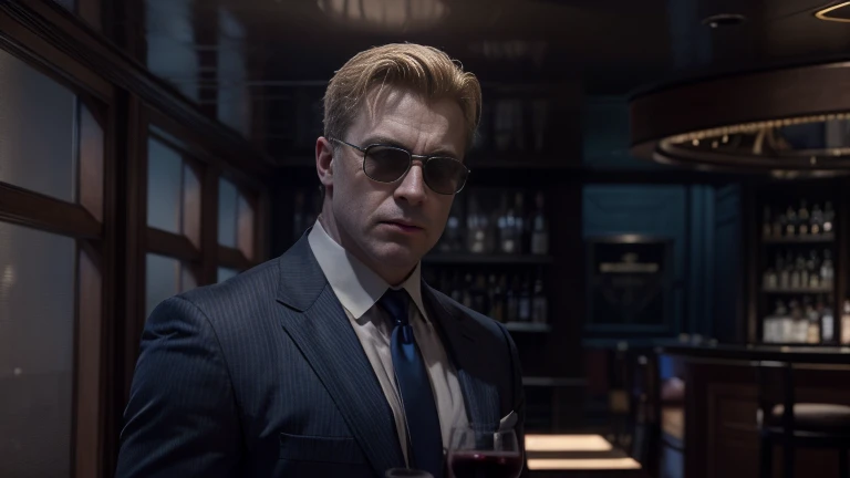 "Duke Nukem at the bar of a luxury bar drinking a glass of wine, blue suit, dark glasses, confident pose, hyperrealistic, 8K, cinematic style"