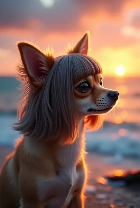 a chihuahua dog wearing a wig, looking at the sea, photorealistic, high resolution, detailed fur, cute expression, ocean waves, sunset sky, cinematic lighting, vibrant colors