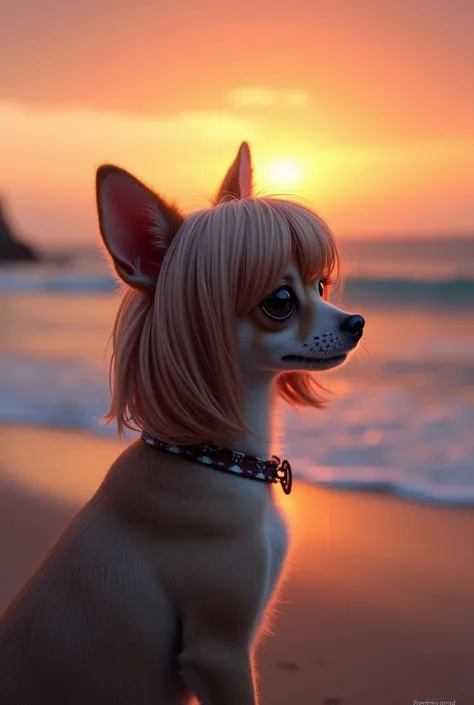 a chihuahua dog wearing a wig, looking at the sea, photorealistic, high resolution, detailed fur, cute expression, ocean waves, sunset sky, cinematic lighting, vibrant colors