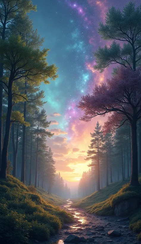 Create an image that distinctly separates reality and dreams within one frame. On the left side, depict a realistic forest scene at twilight. Include detailed trees, a softly lit path, and a calm sky with a setting sun. Use natural colors like greens, brow...