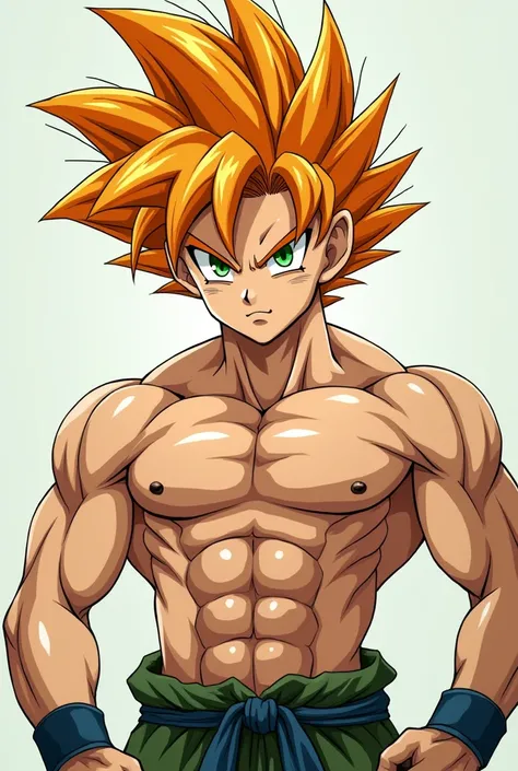 A muscular anime teenager with orange hair with green highlights and green eyes 