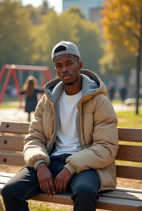 best qualityer:1.4), (ultra high resolution:1.2), (photorrealistic:1.4), (8k, CRU photo:1.2), 1 young black man, 20 years old. he is wearing a white shirt, beige puffer coat on top. He is wearing black jeans. Corte de cabelo buzzcut. He&#39;s wearing a gra...