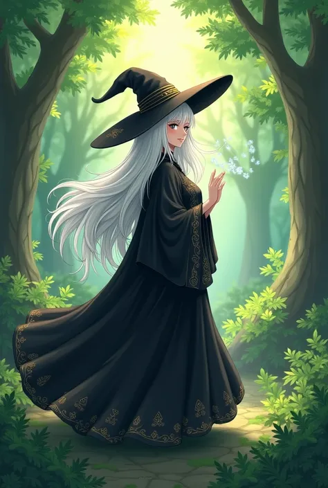 white haired magician, black gown, black hat and has the power to heal, anime version, she in the forest distracted