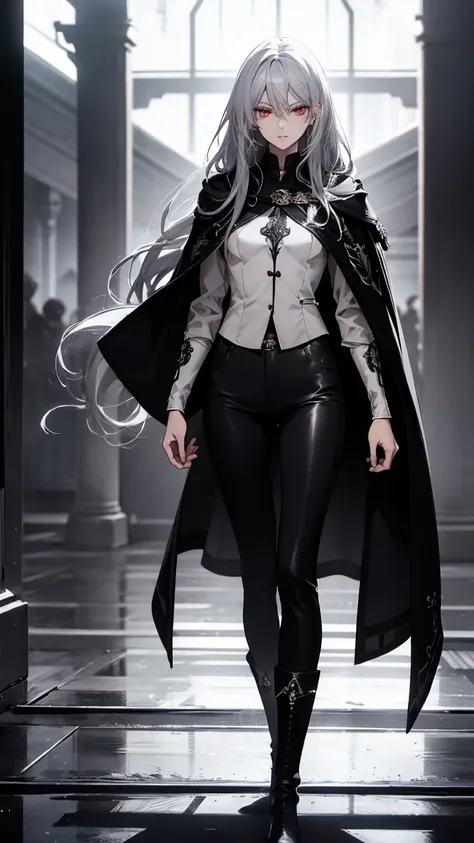 (Confused, High resolution, Very detailed), 1 female, Silver Hair,Long Hair,Crimson Eyes,Black and white clothes,27th generation,beauty,mature,thin,quiet,Calm,Stern face,Long Cape,Slender and thin,boots,skinny pants,observatory,Small breasts,