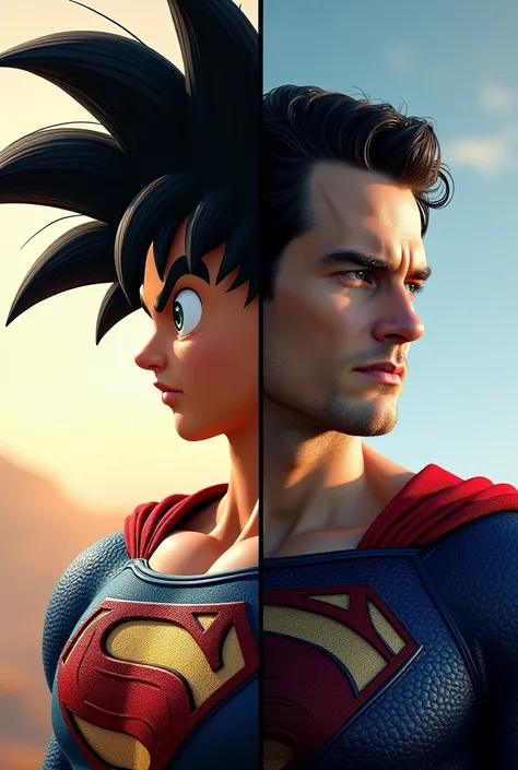 Half side of image Gokus face other half side of image Superman (Henry Cavill) both watching straight for profile pic for a edits YouTube channel 