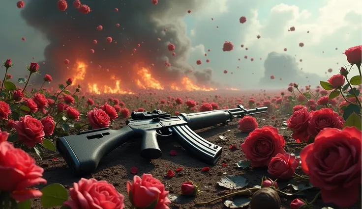 2024; (masterpiece, best quality) destroyed field of flowers roses on the floor; flowers on the ground; Springfield Rifle Down(close-up); bombs falling from the sky.; fire around.