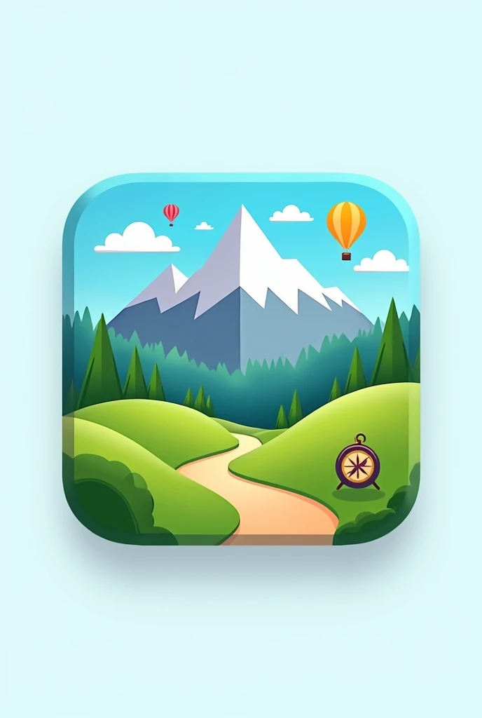 Create an attractive and simple travel app icon，Name "Rehla" There are colors #cbc6bf 和 #437483 combinations，It contains some places,Mountain Vision.