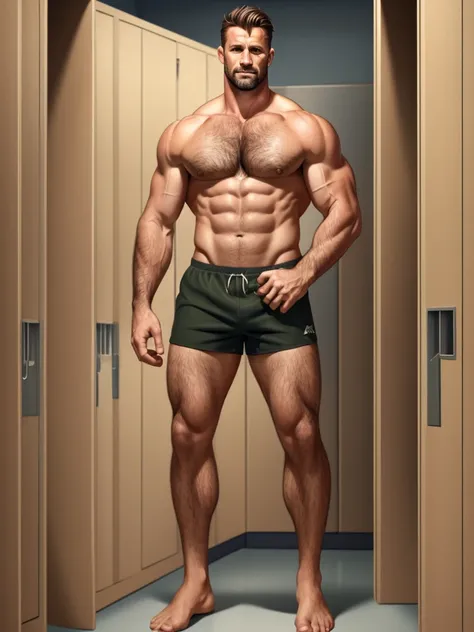 Illustration in the style of Leyendecke handsome handsome 40 year old rugby player , English , short hair, army , stubble, hairy chest, locker room ,spirit, NSFW, naked , Whole body , standing , angry , tight shorts
