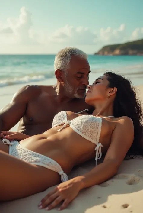 African grandpa and Jennie Kim having sex while lying on the beach 