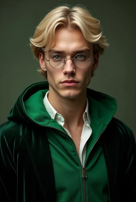 A man handsome with blonde hair and dark green eyes Wear round glasses wearing a robe from the House of Slytherinon, front view, HDR, volumetric lighting, ultra quality, elegant, highly detailed