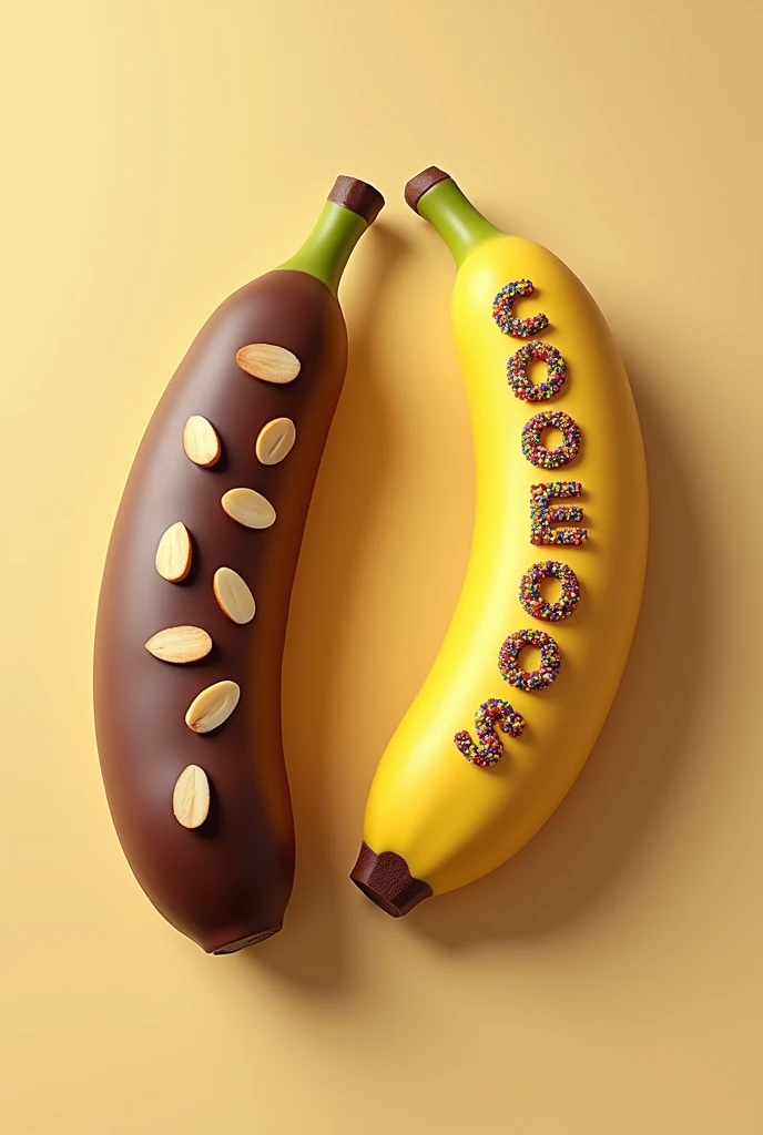 Two chocolate covered bananas, one with diced almonds and the other with colored sprinkles that say choco bananas 
