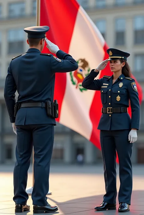 Policewoman and policeman saluting the Peruvian flag from the front